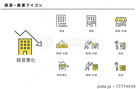 倒産・廃業のシンプルなアイコンセット、ベクター素材 77774030
