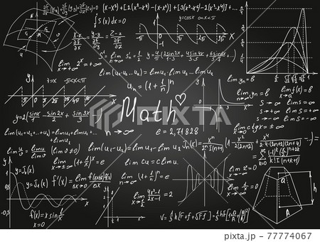Mathematical white formulas drawn by hand on the black chalkboard for the background. Vector illustration. 77774067