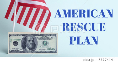 USA dollars background. American rescue plan, USA relief program, stimulus check and Act of 2021 concept. Money, business, profit and livelihood idea  77774141