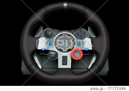 Realistic leather steering wheel isolated on a black background. 77775388