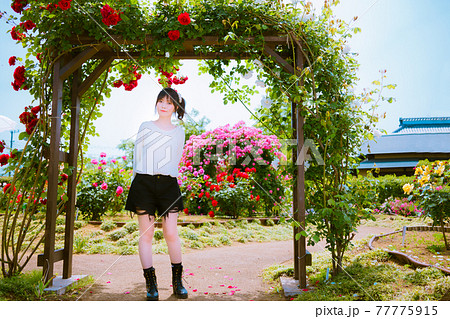 色んな薔薇を背景に薔薇の門とかわいい女子 77775915