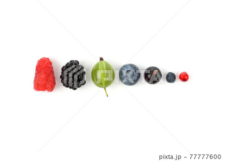 different juicy berries laid out in a row on white background 77777600