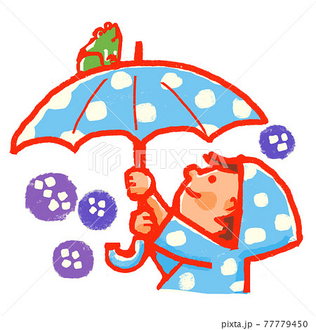 傘の上にカエルが乗っているのを見上げている子供のイラスト素材