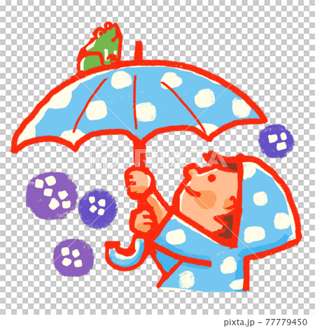 A child looking up at a frog on an umbrella 77779450