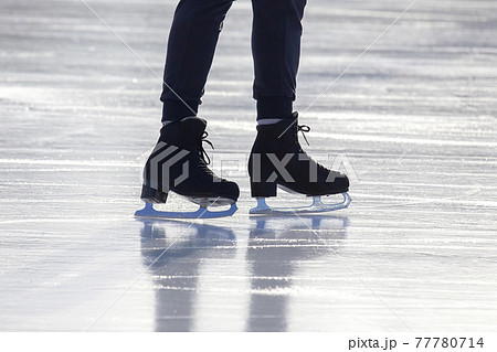 feet on the skates of a person rolling on the ice rink feet on the skates of a person rolling on the ice rink 77780714