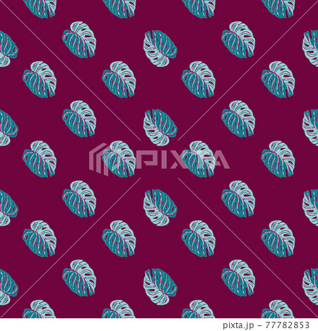 Little blue monstera leaves exotic seamless pattern in nature style. Purple colored background. Little blue monstera leaves exotic seamless pattern in nature style. Purple colored background. 77782853