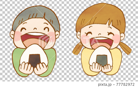 おにぎりをおいしそうに食べる女の子と男の子のイラストセット3 77782972