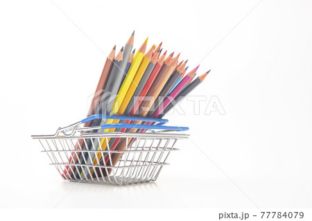 set of colored pencils for drawing in the market basket. marketing in business sales set of colored pencils for drawing in the market basket. marketing in business sales 77784079