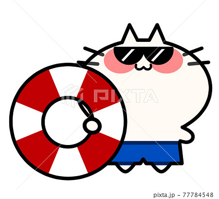 浮き輪を持ってサングラスをかけた水着にゃんこイラスト素材 77784548