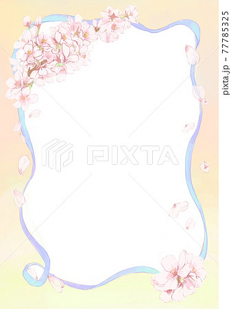 舞う桜とリボンの背景つき水彩イラストフレーム(青) 77785325