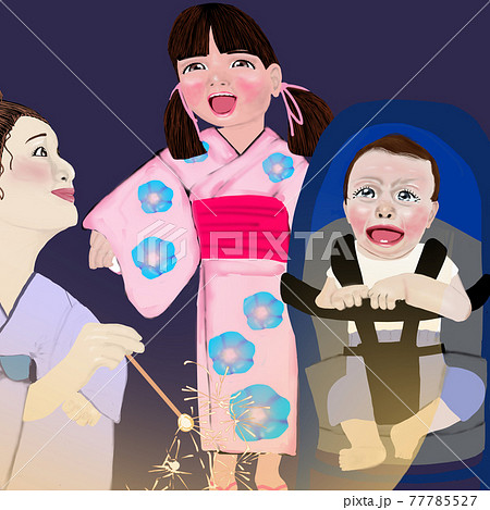 線香花火を楽しむ家族 大泣きしている赤ちゃんのイラスト素材