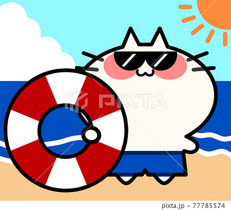 ビーチで浮き輪を持ってサングラスをかけた水着にゃんこイラスト素材 77785574