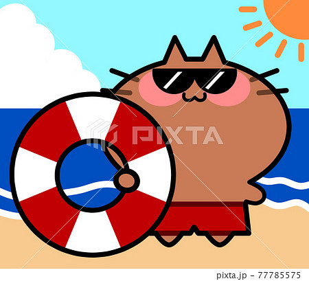ビーチで浮き輪を持ってサングラスをかけた水着日焼けにゃんこイラスト素材 77785575