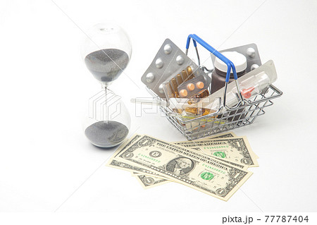 pills, ampoules and syringe for injection, money dollars and hourglass on a white background 77787404