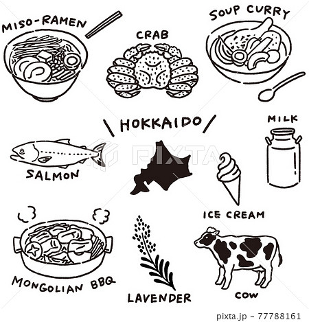 北海道の名産やおいしい食べ物セット 線のみのイラスト素材
