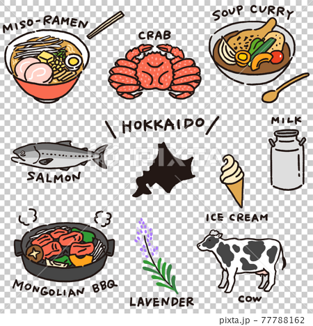 北海道の名産やおいしい食べ物セットのイラスト素材
