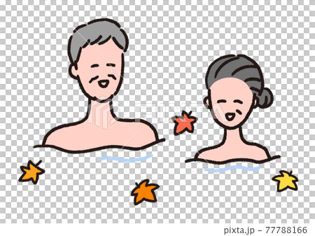 A senior couple relaxing in a hot spring with fallen leaves 77788166