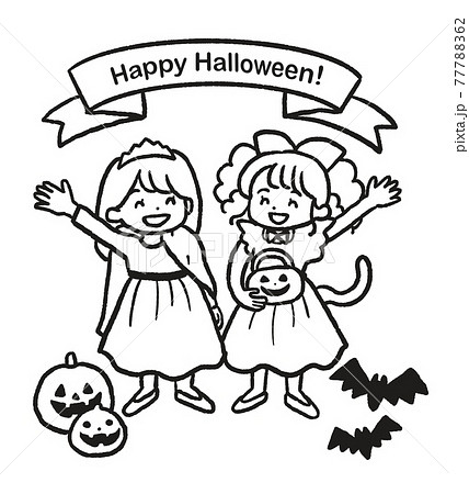 ハロウィンの仮装をした女の子2人の線画イラストのイラスト素材
