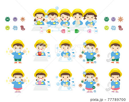 手洗いうがいで風邪予防をする園児（帽子あり） 77789700