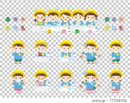 手洗いうがいで風邪予防をする園児（帽子あり） 77789700