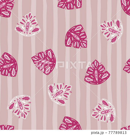 Pink and lilac palette seamless pattern with hand drawn abstract folk monstera leaves. Striped background. 77789813