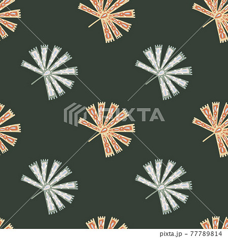 Bloom seamless pattern with botanic folk licuala palm . Green dark background. Nature tropic print. Bloom seamless pattern with botanic folk licuala palm . Green dark background. Nature tropic print. 77789814