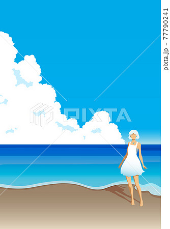 海を背景に立っている女性のポスターのイラスト素材
