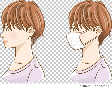 若い女性の横顔のイメージイラスト 不織布マスク着用 未着用セット のイラスト素材