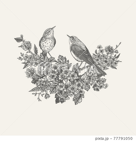 Composition with flowering trees and birds. 77791050