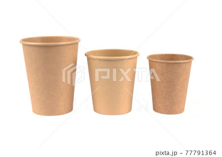 Set of recyclable paper coffee or tea cups made of kraft paper or cardboard isolated on white background. Sustainable and ecological packaging concept. Zero waste paper tableware. Selective focus Set of recyclable paper coffee or tea cups made of kraft paper or cardboard isolated on white background. Sustainable and ecological packaging concept. Zero waste paper tableware. Selective focus 77791364