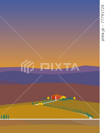 オルチャ渓谷　val　d'orcia　トスカーナ　toscana　秋風景　夕景 77791726