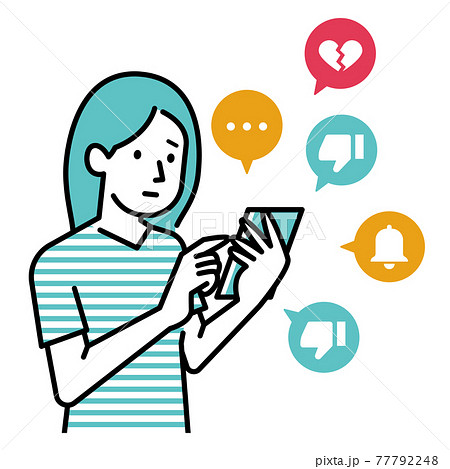 スマホを手で持ちSNSのリアクションをするイラスト 77792248