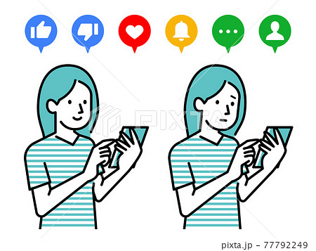 スマホを手で持ちSNSのリアクションをするイラスト 77792249