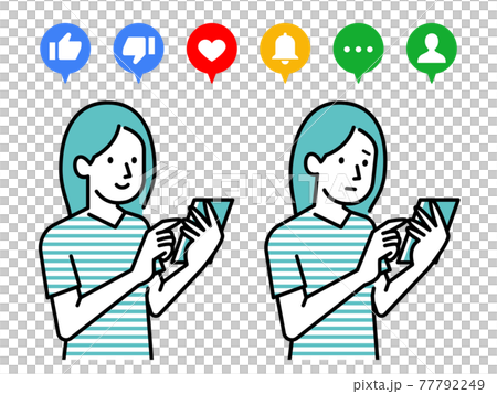 スマホを手で持ちSNSのリアクションをするイラスト 77792249