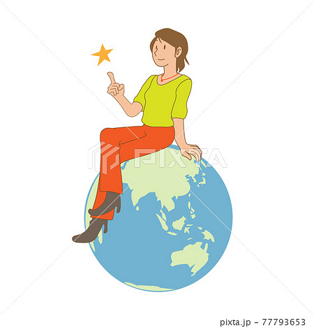 地球に座る日本人女性のイラスト素材