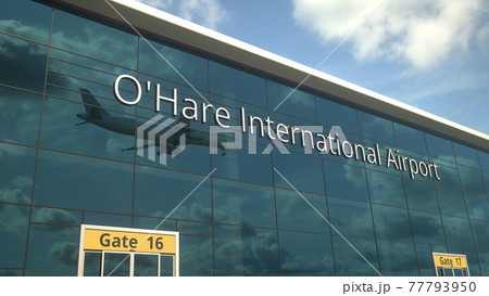 Commercial plane landing reflecting in the windows with O'Hare International Airport text. 3d rendering 77793950