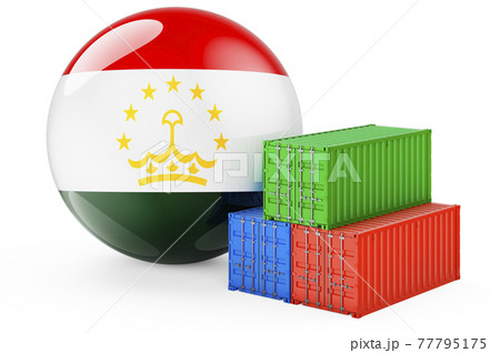 Cargo containers with Tajik flag. Freight shipping in Tajikistan, 3D rendering 77795175