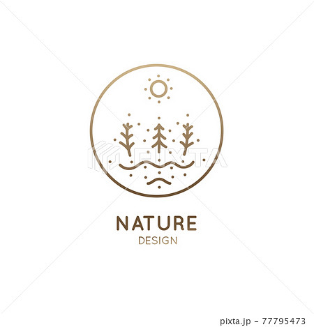 Vector logo of nature elements in linear style. Outline icons winter landscape with trees, sun and river - business emblems, badge for a travel, farming, ecology concept, spa, health and yoga Center. Vector logo of nature elements in linear style. Outline icons winter landscape with trees, sun and river - business emblems, badge for a travel, farming, ecology concept, spa, health and yoga Center. 77795473