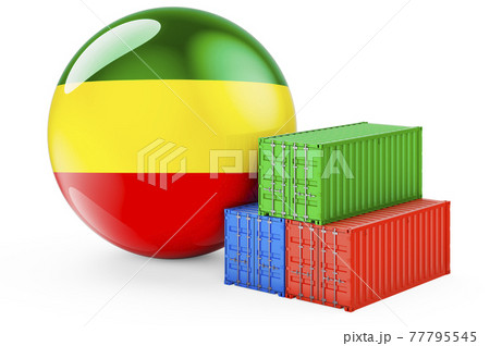 Cargo containers with Rastafarian flag, 3D rendering 77795545