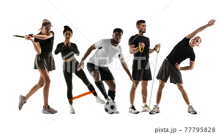 Collage of different professional sportsmen, fit people in action and motion isolated on white background. Flyer. Collage of different professional sportsmen, fit people in action and motion isolated on white background. Flyer. 77795828