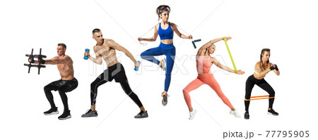 Collage of different professional sportsmen, fit people in action and motion isolated on white background. Flyer. 77795905