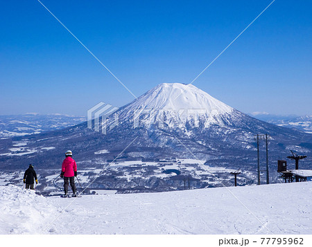 快晴のゲレンデから羊蹄山を眺めるスキーヤー (ニセコ、北海道) 77795962