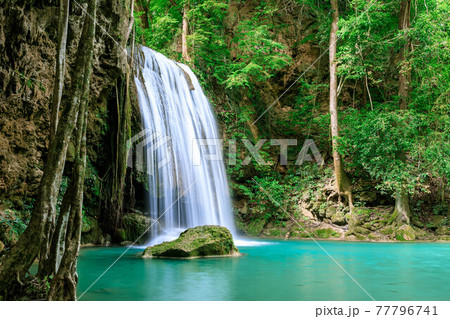 Waterfall cliff level 3, Erawan National Park, Kanchanaburi, Thailand 77796741