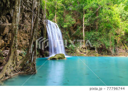 Waterfall cliff level 3, Erawan National Park, Kanchanaburi, Thailand 77796744