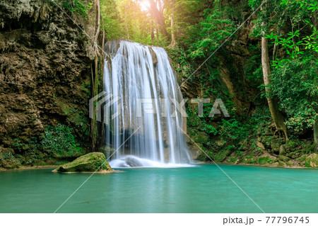 Waterfall cliff level 3, Erawan National Park, Kanchanaburi, Thailand 77796745
