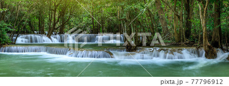 Huai Mae Khamin Waterfall level 2, Khuean Srinagarindra National Park, Kanchanaburi, Thailand; panorama Huai Mae Khamin Waterfall level 2, Khuean Srinagarindra National Park, Kanchanaburi, Thailand; panorama 77796912