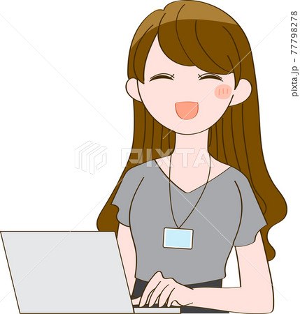 パソコンを操作するオフィスカジュアルの女性 にっこり笑顔のイラスト素材