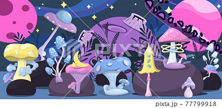 Vector magic mushrooms. Space cartoon mushrooms. Vivid illustrations of space with flying saucers, planets and stars. Square rectangular composition. Banner, advertisement, poster. 77799918