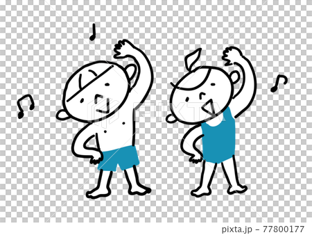 男孩和女孩穿著泳衣做準備運動 77800177