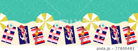 Summer vacation seaside sunbathing banner  background seamless pattern. Hand drawn, relaxed beautiful people on the beach. Sexy girls lying on sand, top view vector 77800483